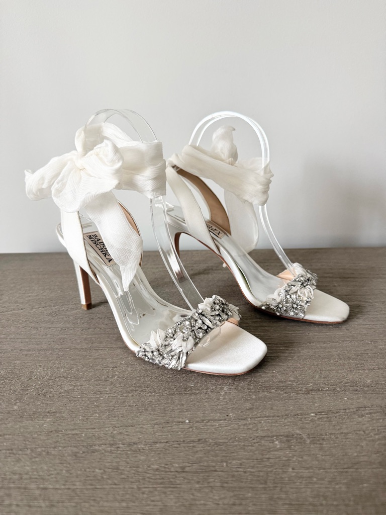 Badgley Mischka White Satin Bobbie Crystal Embellished Ankle-Tie Heels Size 6.5
